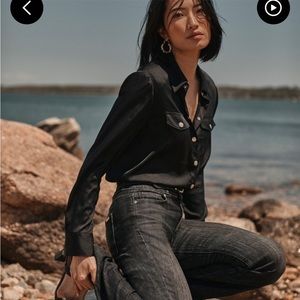 NWT | White House Black Market | LS Button Satin Shirt | Black | XXS |